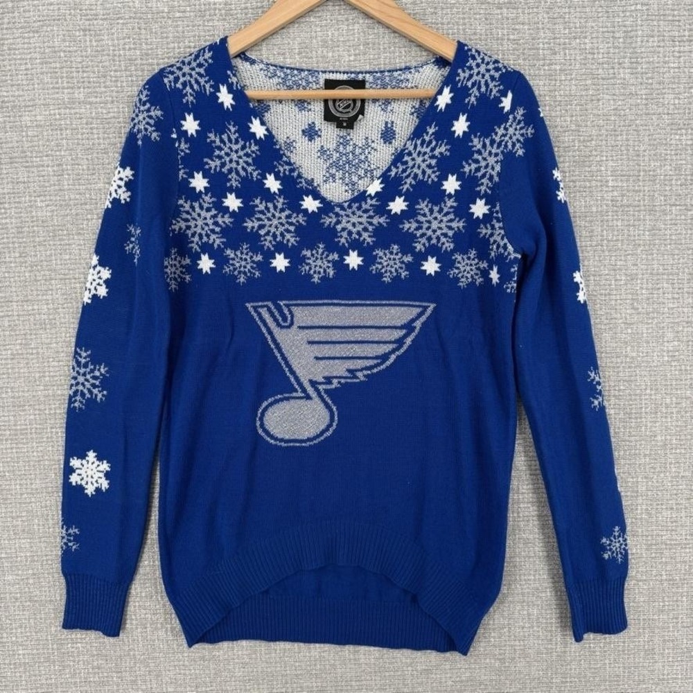 NHL Sweater Womens M Blue V-Neck‎ Fair Isle Snowflake Logo Holiday Pullover